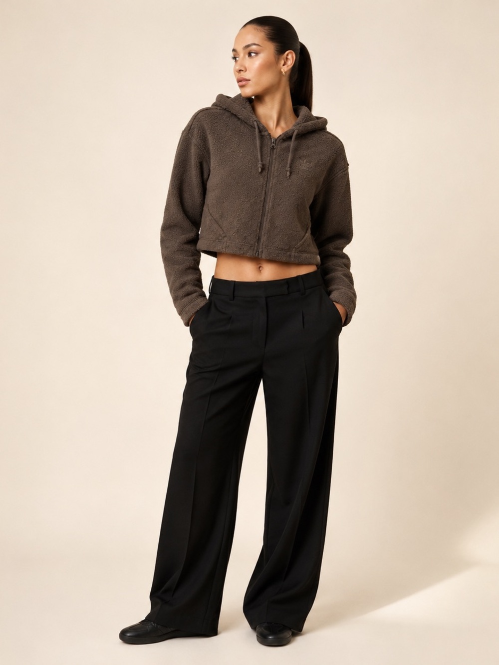 adidas Cropped Teddy Sherpa Hoodie Jacket in Brown - Picture 1 of 9